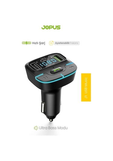 Jopus F9 Araç Fm Transmitter 5.3 Bluetooth Araç Kiti Usb Type-c Hızlı Şarj Çıkışlı Çakmaklık Girişli