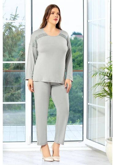 Faal 8810 Kadın Büyük Beden Uzun Kollu Dantel Detaylı Pijama Takım-gri Gri