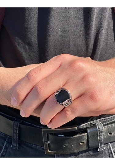 925 Ayar Gümüş Siyah Oniks Taşlı Erkek Yüzük (547575677)