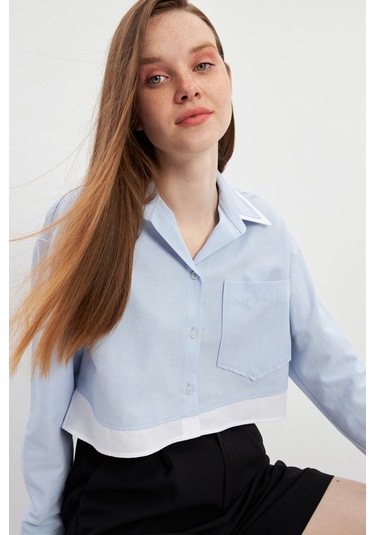 Stella Pulvis Mavi Garnili Tek Cep Crop Oxford Gömlek Mavi