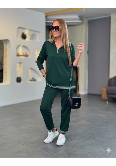 Tua Moda Kadın Uzun Kollu Fermuarlı Şerit Detay Desenli Alt Üst Ikili Viskon Iki Iplik Takım Yeşil