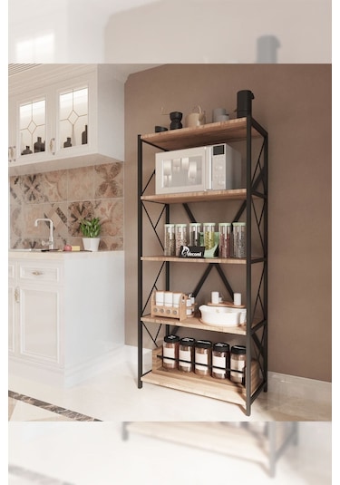 Morpanya Oven Metal Mutfak Rafı Malzeme Dolabı 5 Raflı Mikrodalga Fırın Rafı Çok Amaçlı Dolap Raf 150 Cm Ceviz
