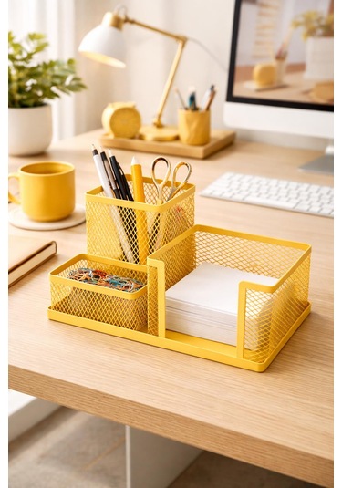 Need Nd-1034 Metal Mesh Masaüstü Organizer 3 Bölmeli, Çok Amaçlı Düzenleyici Sarı