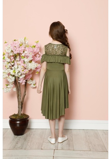 Aymeravm - Omuz Pencereli Göğsü Dantelli Kız Çocuk Elbise - C... (536885580) Haki