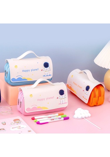 Sevimli Karikatür Desenli İlkokul Öğrencileri İçin Taşınabilir Kırtasiye Çantası, Yaratıcı Uzay Temalı Kalem Kutusu, Renkli Ve Pratik Okul Malzemeleri Saklama Kutusu Pembe