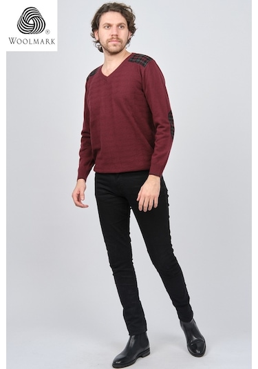 Desen Triko Erkek V Yaka Saf Yün Kazak 0246538 Bordo Bordo