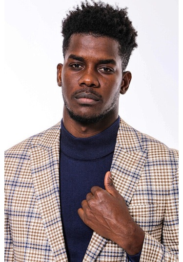 Wessi Ekose Desenli Slim Fit Kahverengi Mavi Erkek Ceket - Wessi Kahverengi - Mavi