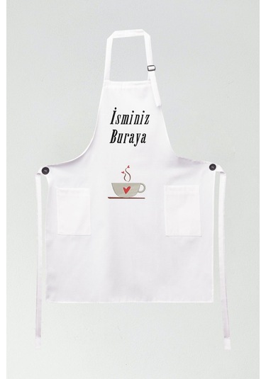 Mutfak Önlüğü Kişiye Ve İsme Özel Nakışlı Mutfak Önlüğü Kalpli Kupa Farklı Renkler Beyaz