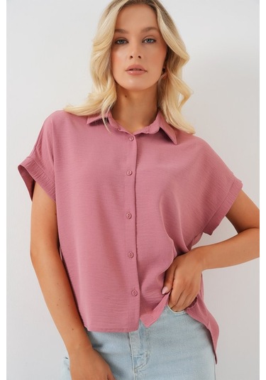 Gülsüm Aydın Oversize Kısa Kol Gömlek 20322 - Pembe Pembe