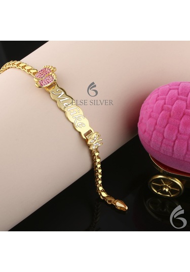 Pembe Ayaklı Kelebekli Pullu Zincir Gümüş Bileklik