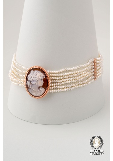 Cameo İtaliano İnci Küpeli Kız 18 Ayar Sarı Altın Kaplama Gümüş Choker Kolye Rose Gold