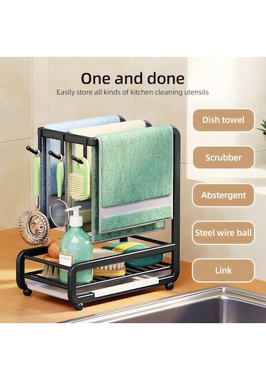 Xiyyadms Paslanmaz Çelik Mutfak Organizatörü - Duvar Veya Tezgah Sünger, Sabun Ve Havlu Askısı Siyah