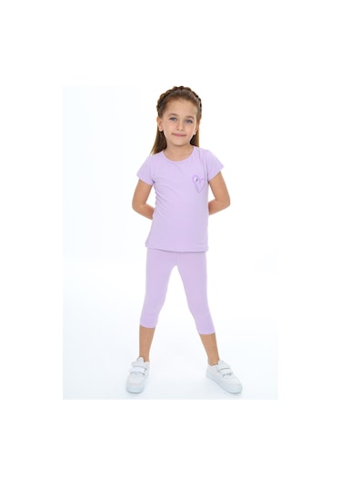 Toontoy Kız Çocuk Varaklı Kalp Baskılı Kaprili Takım Lila