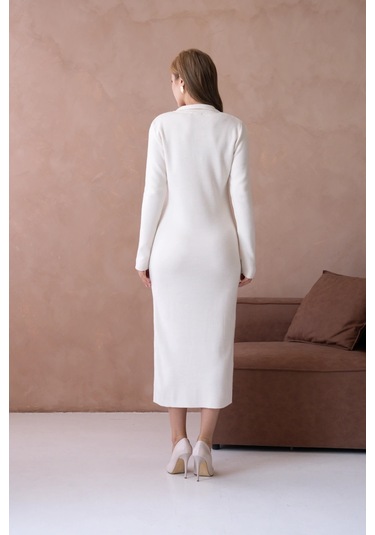 Kadın Polo Yaka Yamuşak Dokulu Maksi Boy Triko Elbise Taş