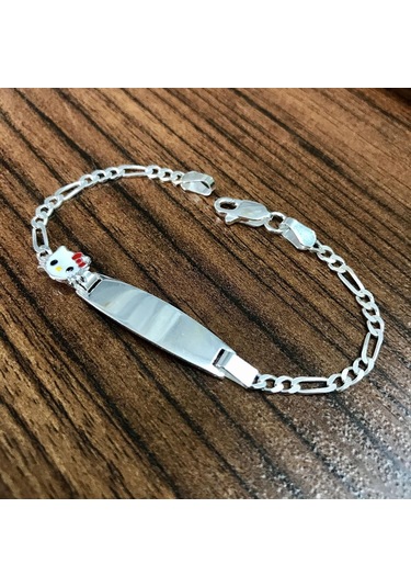 İsim Yazılı Kedili Gümüş Bebek Künyesi Çocuk Bileklik Csb05