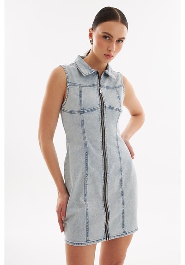 Fermuarlı Mini Denim Elbise Açık Mavi