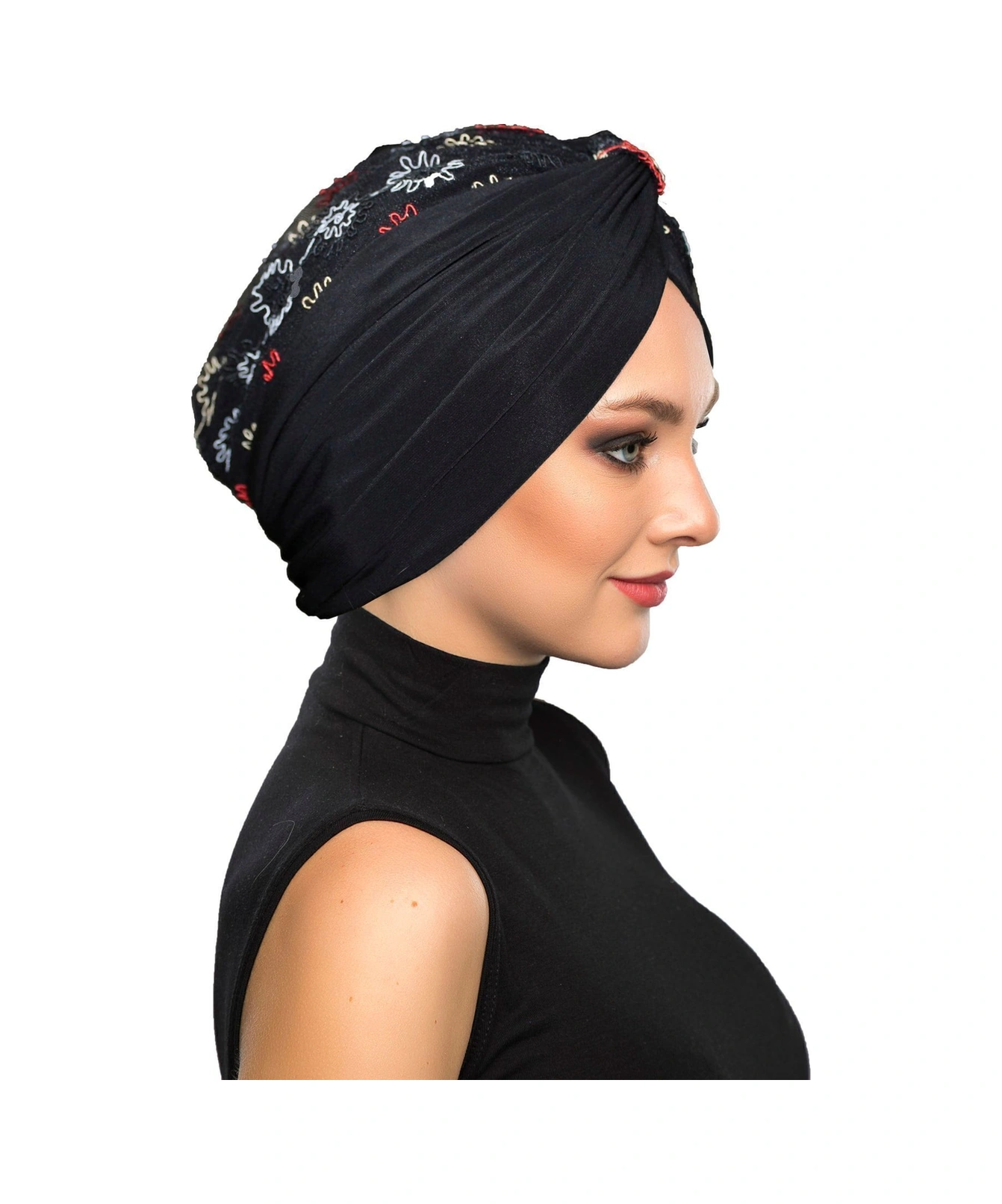 Otantik Nakış Motifli Astarlı Hazır Türban Tesettür Bone Siyah Motif 9