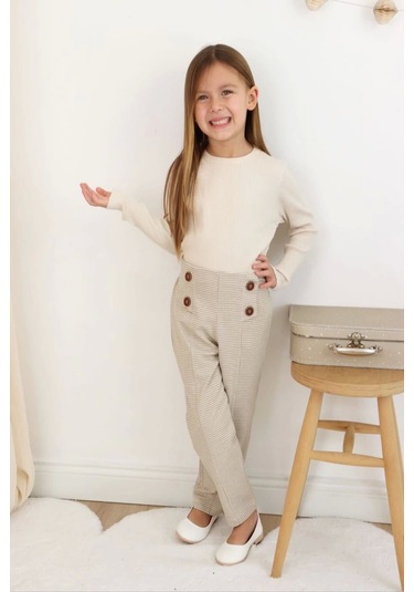 Ekose Pantolonlu Krem Renk Kız Çocuk Takım KREM