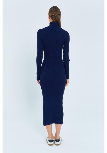 6889 Kadın Balıkçı Yırtmaçlı Uzun Triko Elbise Lacivert Lacivert