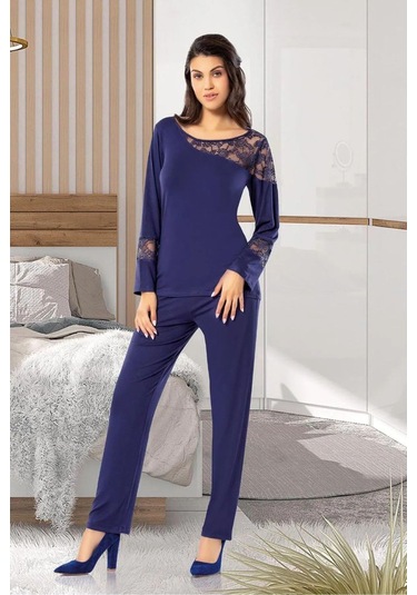 Faal 8616 Kadın Uzun Kollu Dantel Detaylı Pijama Takımı-lacivert Lacivert