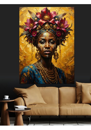 Ahşap Tablo Çiçek Taçlı Afrikalı Kadın