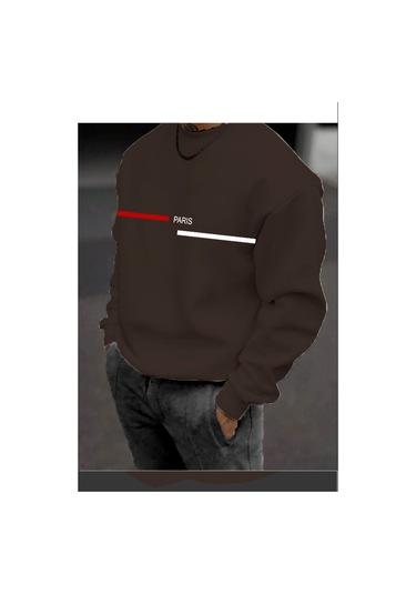 Siyah Oversize Paris Şerit Baskılı Pamuklu Kapşonsuz Bisiklet Yaka Unisex Sweatshirt-trzksw2763 Kahve