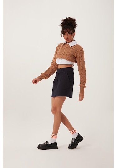 Quhox Kadın Triko Crop Sweatshirt Taba