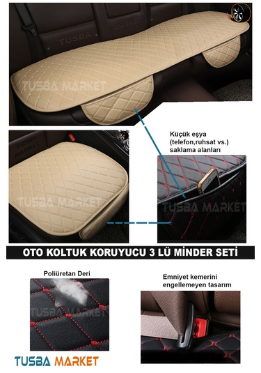 Araç Oto Koltuk Koruyucu Cepli Üçlü Minder Seti I Lüks Kapitone Deri Ön-arka Bej Oto Koltuk Minder