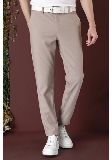 Slim Fit Yan Cepli Dokulu Esnek Casual Bej Pantolon P 1139 Bej