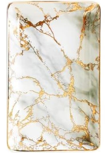 Seramik Depolama Tepsisi Nordic Stil Dikdörtgen Mermer Desen Pratik Dekorasyon Ev Alanı Tasarruflu Mutfak Gıda Takı Depolama Tepsileri Altın Ahşap - Beyaz