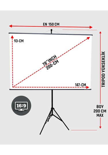 En150cm Boy95cm Projeksiyon Perdesi Tripodlu-ayaklı Taşınabilir
