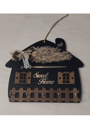 Sweet Home Siyah Ahşap Anahtar Askılığı Duvar Askılı Anahtarlık Siyah
