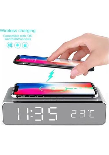Novahub Çok Fonksiyonlu Kablosuz Şarj Saati: Led Ekran, Termometre, Alarm, Gece Lambası, Gümüş Renk, Masaüstü Şarj Ve Saat