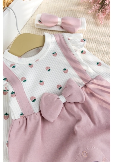 Pamuklu Fiyonklu Bandanalı Kız Bebek Tulum Pembe