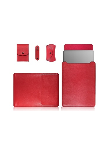 Zsykd 4 1 Laptop Pu Deri Çanta + Power Çanta + Kablo Kravat + Macbook Uyumlu Için Fare Çantası 13 Inç Kırmızı Yurt Dışından