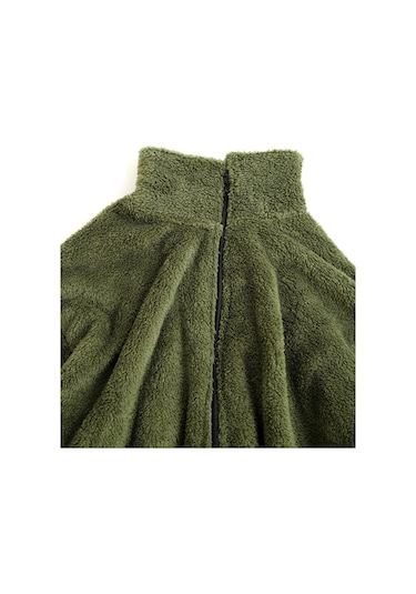 Fifty Color Haki Peluş Dik Yaka Cepleri Fermuarlı Oversize Peluş Ceket Haki