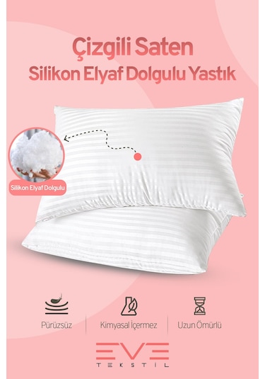 Eve Tekstil 2 Adet Çizgili Saten Fermuarlı Antialerjik Yıkanabilir Silikon Elyaf Yüksek Dolgulu Yastık 900 Gr Beyaz