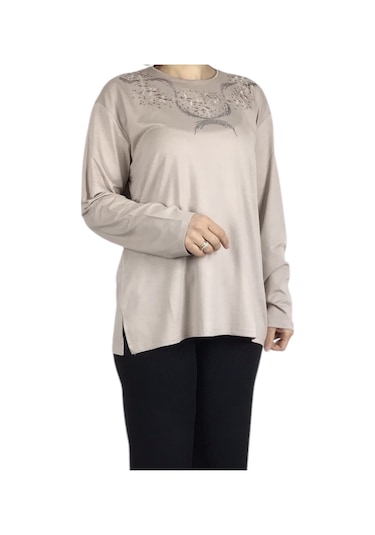 Kadın Yakası Taşlı Likralı Büyük Beden Bluz Arpbattal1 Krem