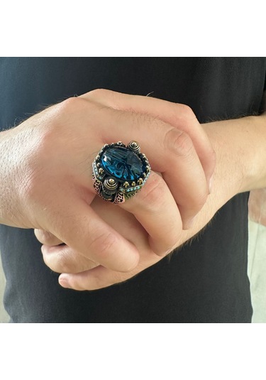 925 Ayar Gümüş Şehzade Kasa Mavi Zirkon Taşlı Usta İşi Erkek Yüzük Gümüş