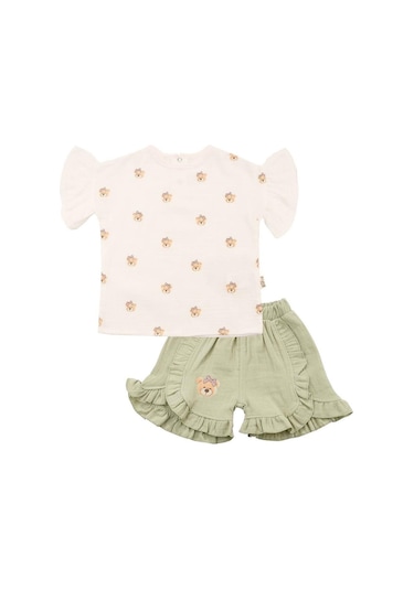 Ayıcık Baskılı Fırfırlı Şortlu Takım Yeşil Bipamuk 001