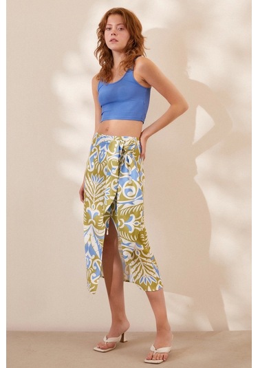 Never More Yırtmaçlı Desen Etek Mavi