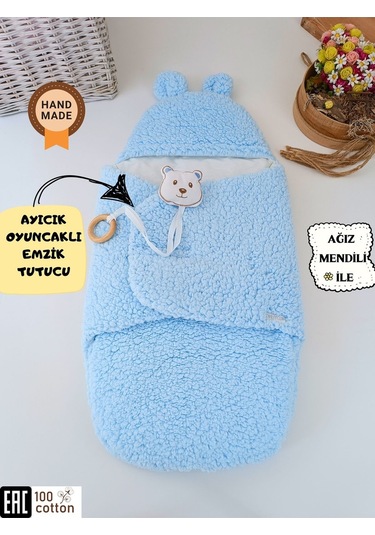 Peluş Bebek Dış Kundağı Oyuncaklı Uyku Tulumu Hastane Çıkışı Hediyelik Sarma Battaniye Mavi