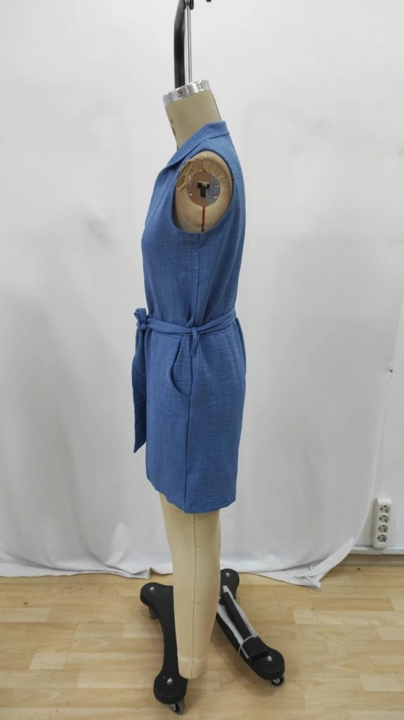 S-pazarım Kadın Sıfır Kollu Yakalı Düğmeli Belden Kuşaklı Kısa Keten Tulum Mavi