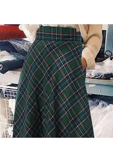 Kadın Yüksek Bel Uzun Etek A Kesim Ekose Desen Büyük Boy Kadın Etek Yer Uzunluğu Büyük Etek Etek Kırmızı