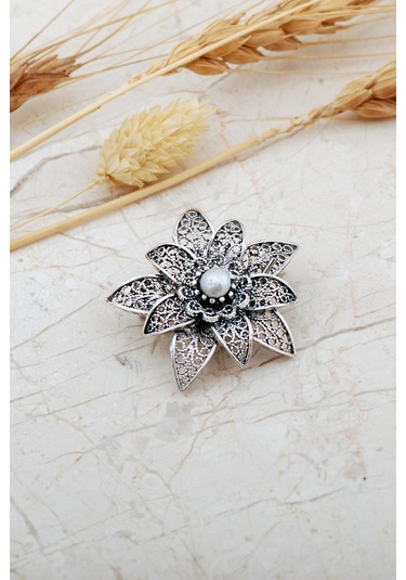 İncili Lotus Telkari Elişi Gümüş Broş 360 Gümüş