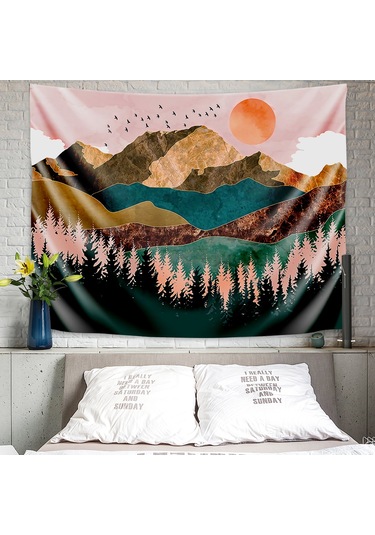 Geekyou Dağ Ormanı Manzaralı Flanel Duvar Döşemesi, Parlak Renkler Ve Dayanıklı Malzeme İle Oturma Odası/yatak Odası Dekorasyonu, 150x200 Cm Çok Renkli