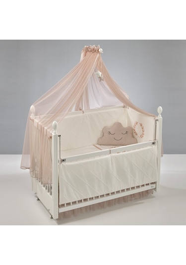 Meltem Kids Kral Sallanır Ahşap Anne Yanı Beşik 60x120 cm (beyaz-motto pudra) Pudra