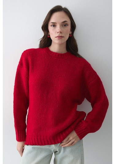 Kırmızı Uzun Kollu Relax Kazak - 251091 Kırmızı