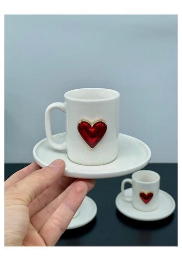 2 Kişilik Porselen Kalpli Fincan Takımı Seti Bardak Ve Lokumluk