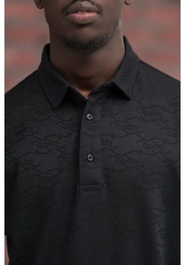 Advante Regular Fit Likralı Kendinden Desenli Polo Yaka T-shirt Siyah